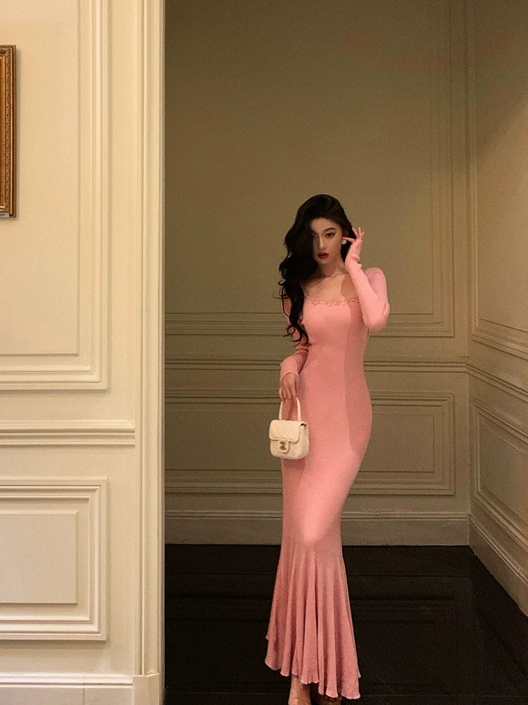 Pink knitted dress for women new style mermaid long party dress      S5578