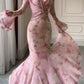 pink printed dress long sleeve mermaid Long Evening Gowns        S6015