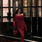 Red off-shoulder knitted dress for women winter new long party dress    S5601
