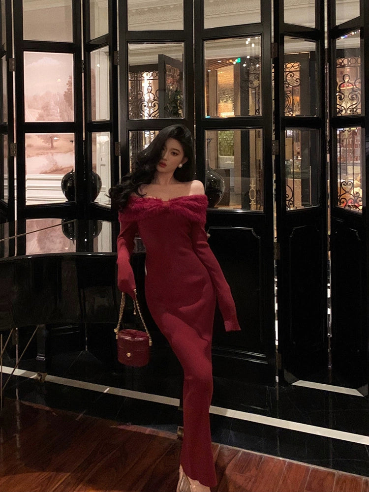 Red off-shoulder knitted dress for women winter new long party dress    S5601