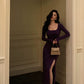 Purple knitted dress for women new retro square neck slit long party dress     S5632