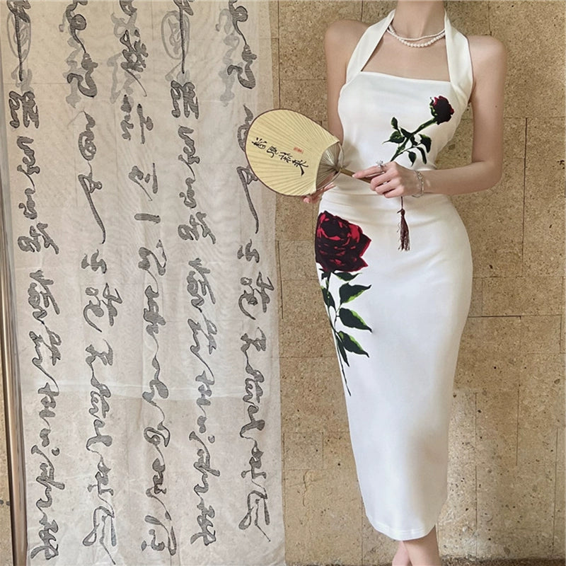 Rose print backless halter neck white dress new style women's long dress        S5801