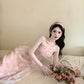 Pink dress with detachable straps, sweet floral dress         S6016