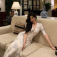Gentle style V-neck printed dress for women evening dress    S5502