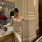 Square neck satin dress new design long sleeve party dress      S5576