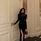 Black mesh splicing dress evening dress    S5503