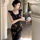 ruffled sleeves black floral dress summer long dress      S5838