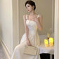 White satin a-line suspender dress for women new summer style long dress      S5812