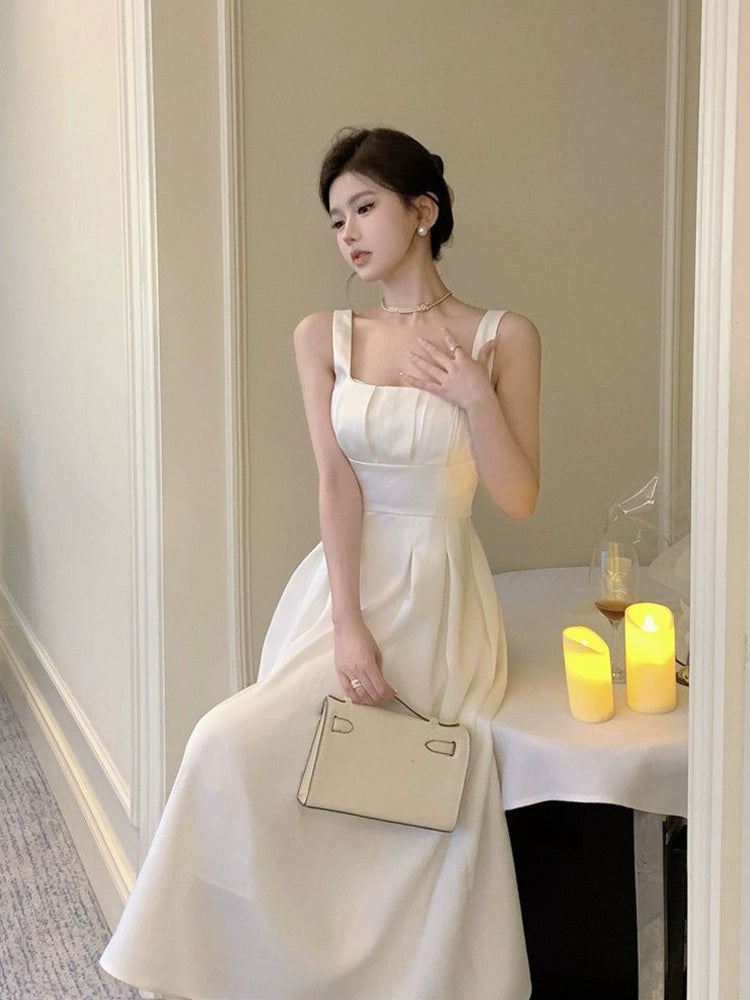 White satin a-line suspender dress for women new summer style long dress      S5812