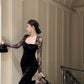 Black evening gown luxury sexy square neck velvet dress    S5840