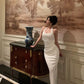 White halter neck dress summer new pleated party dress     S5618