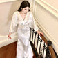 white long-sleeved satin dress long party dress      S5971