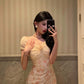Lace splicing floral dress summer new off-shoulder party dress    S5608