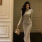 Gentle style long-sleeved knitted dress for women pleated party dress     S5587
