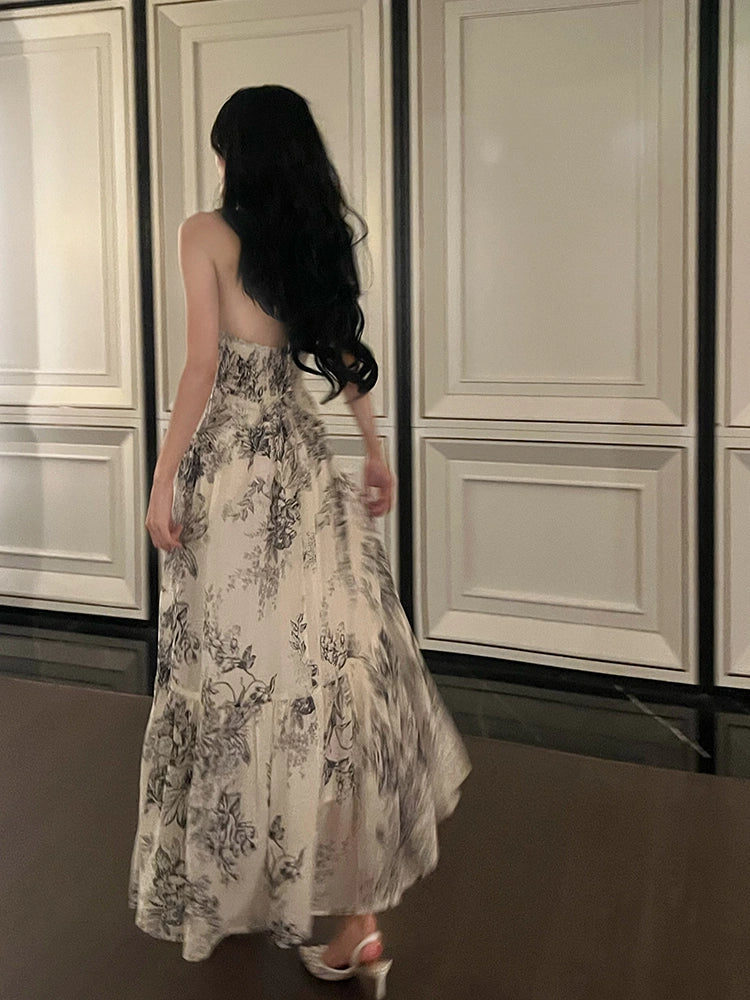 retro print halter dress summer new party dress   S6138