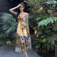 Seaside vacation floral suspender dress summer new slit long party dress      S5808