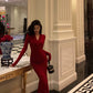 Red V-neck mermaid dress for women new style long party dress     S5583