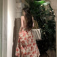 Beach vacation backless halter neck floral suspender dress sexy long dress      S5805