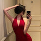 Red sexy halter neck dress retro slit party dress      S5573