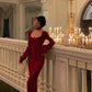 Red scarf knitted dress new retro square neck dress     S5534