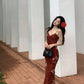 Retro red butterfly print V-neck dress for women summer long party dress      S5730