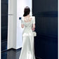 White short-sleeved dress elegant engagement dress satin long dress    S5953