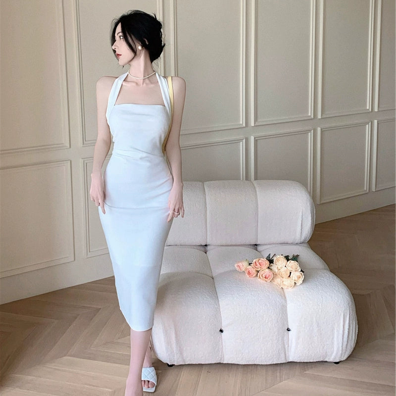 Retro chic dress women's sexy halter neck white dress   S5785