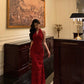 Red printed halter neck dress party dress    S5521