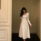 White square neck dress for women new style pleated waist party dress     S5584