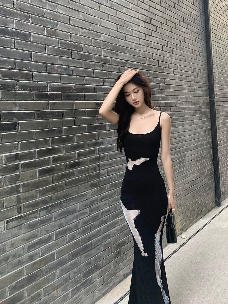 Black mermaid backless knitted suspender women's sexy Long party dress     S5720