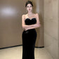 Black evening dress luxury strapless dress mermaid velvet dress      S5832