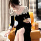 Black lace retro velvet long-sleeved dress banquet evening dress       S6163