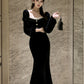 Black velvet dress for women winter birthday dress party dress      S5877