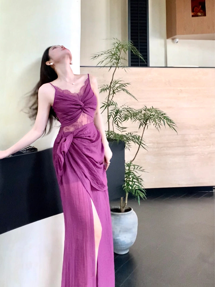 retro lace purple dress seaside holiday party dress     S6095