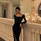Black velvet dress women new square neck long sleeve party dress     S5664