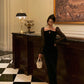 Pearl halter neck velvet dress for women new retro slit long dress     S5616