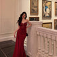 Red strapless dress new banquet sexy slit party long dress     S5642