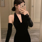 Retro halter neck velvet dress 2025 sexy temperament hip fishtail dress R1493