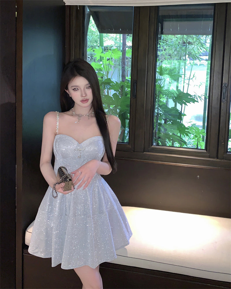 Sequined suspender dress sexy high waist slim V-neck temperament party dress R1494