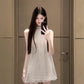 Temperament high-grade sleeveless halter neck dress beautiful mesh flower bud skirt R0763