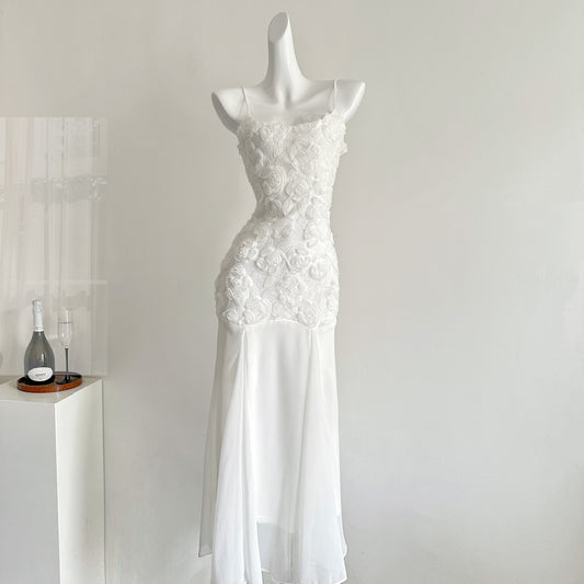 Pearl White 2025 New French Rose Suspender Skirt Waist Dress Fishtail Skirt R2067