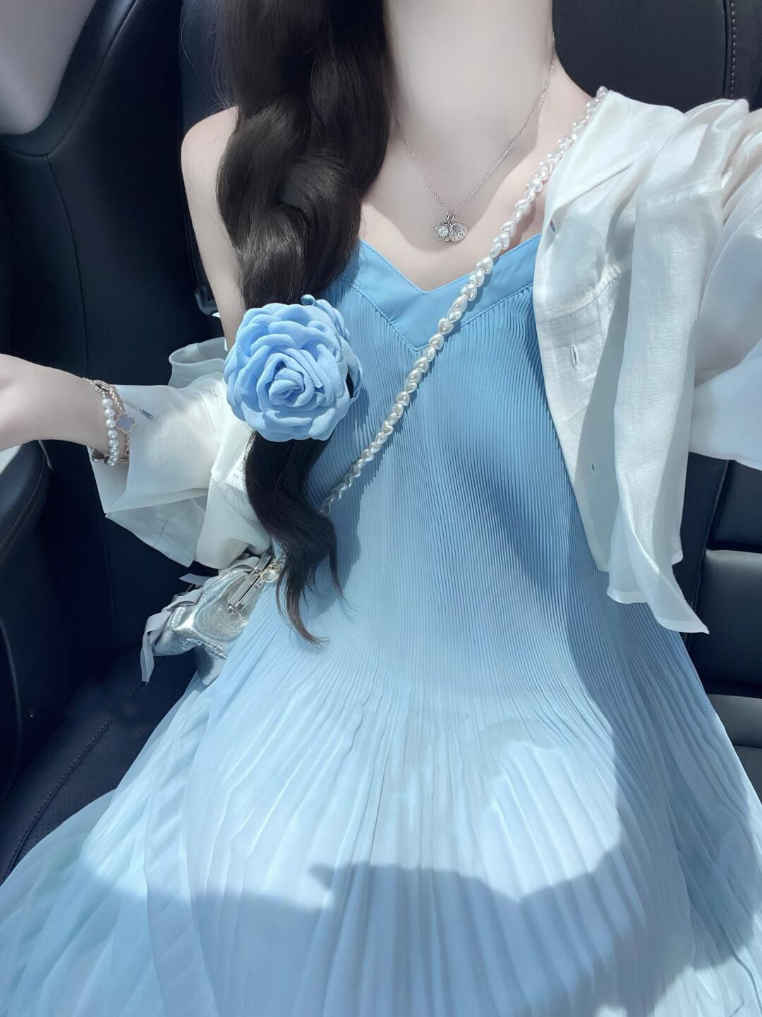 Blue suspender dress new style French temperament A-line skirt R0558