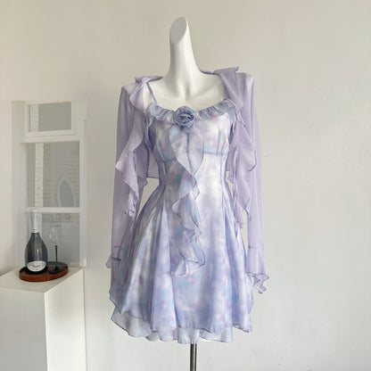 Purple floral suspender skirt cardigan suit 2025 new atmosphere two-piece suit R2018