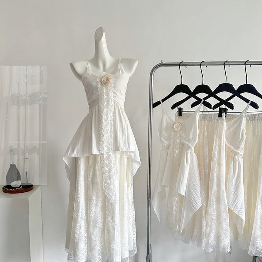 Mist White Tea Gentle Lace Splicing Skirt Suspender Set R2017