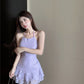French lace halter neck pleated dress women's clothing summer sexy A-line short skirt R3152