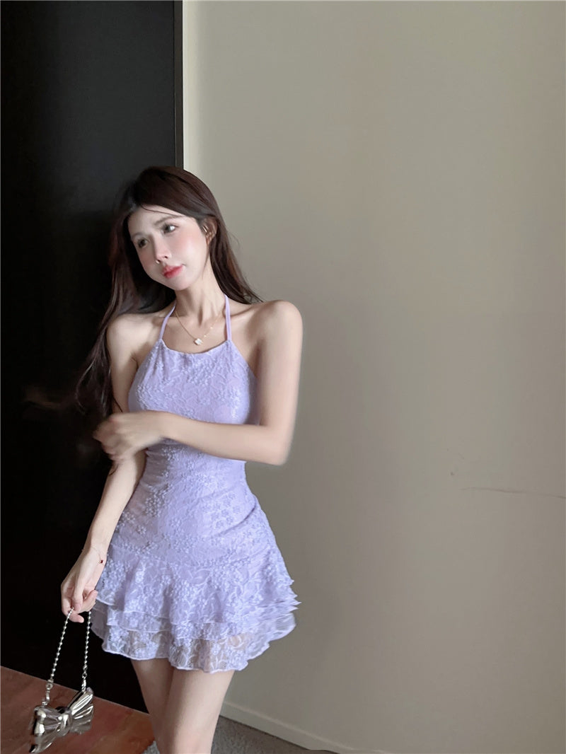 French lace halter neck pleated dress women's clothing summer sexy A-line short skirt R3152