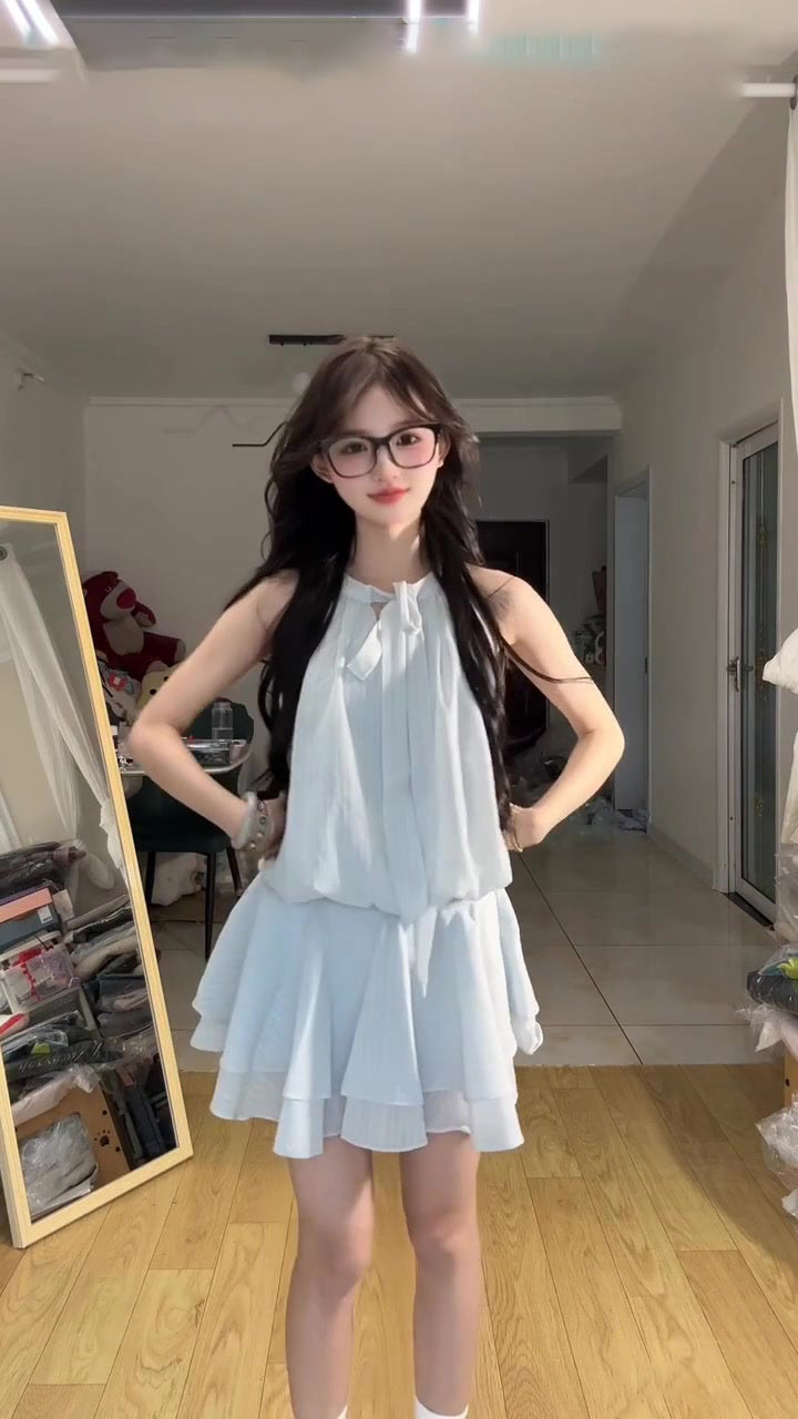 Blue halter dress gentle temperament waist a-line short skirt summer skirt R0836