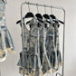 Waist halter neck denim dress distressed retro slim short skirt R2051