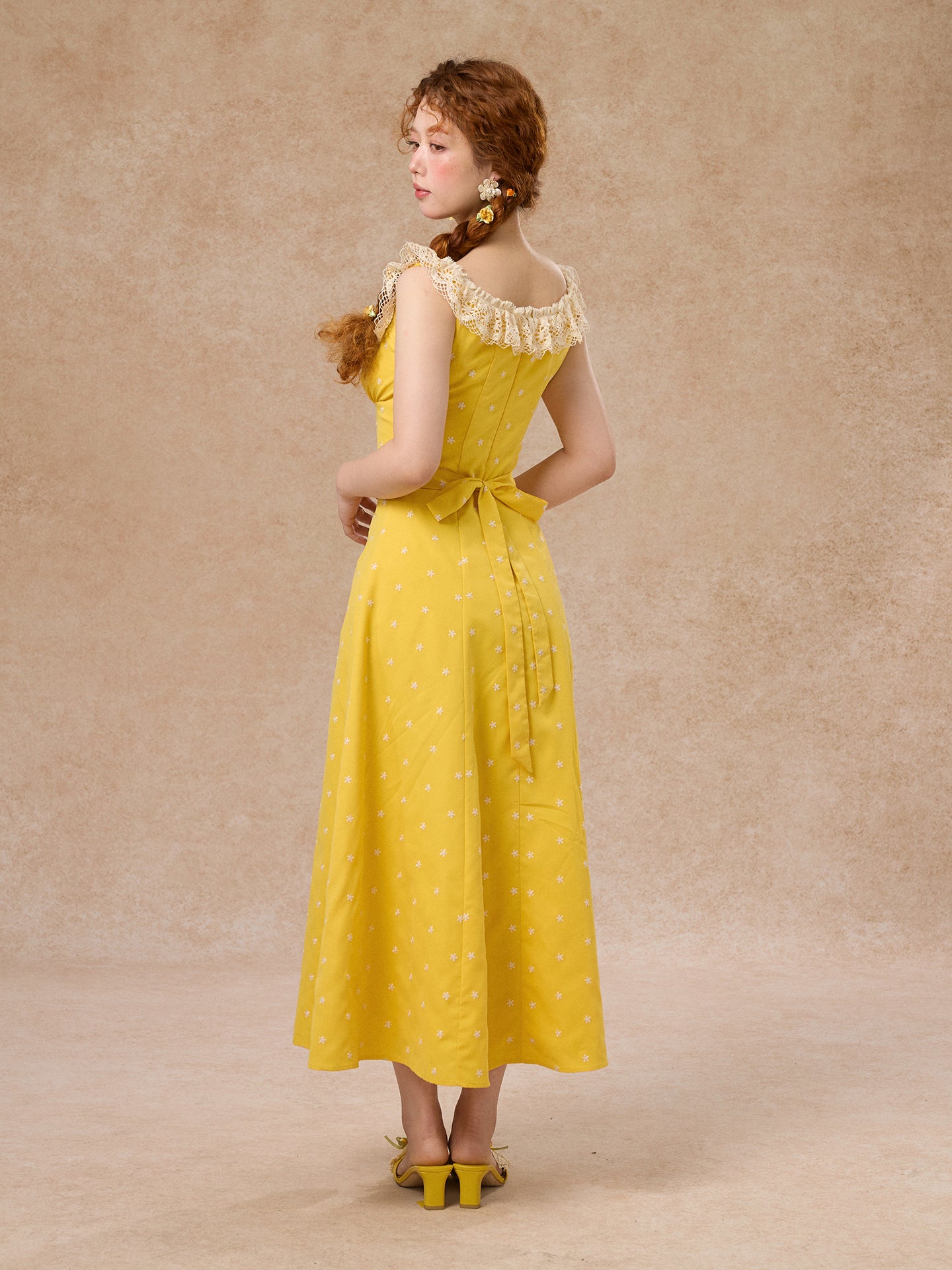 French pastoral style yellow suspender long dress lace girlish dress R5068