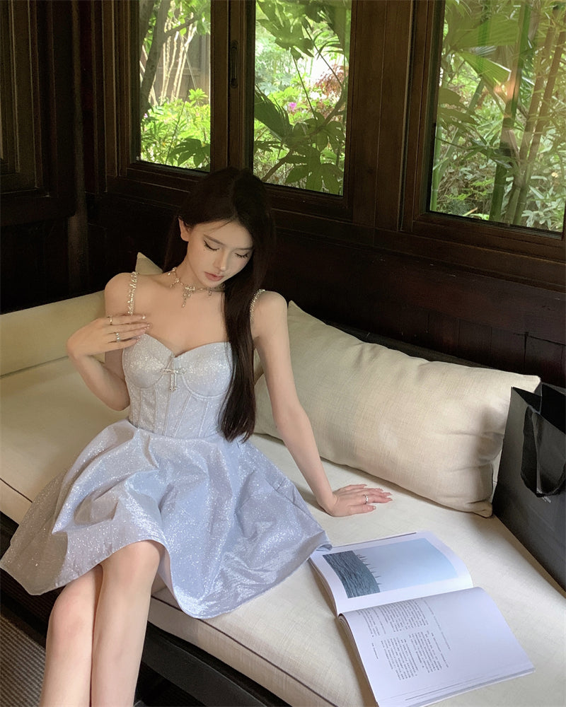 Sequined suspender dress sexy high waist slim V-neck temperament party dress R1494